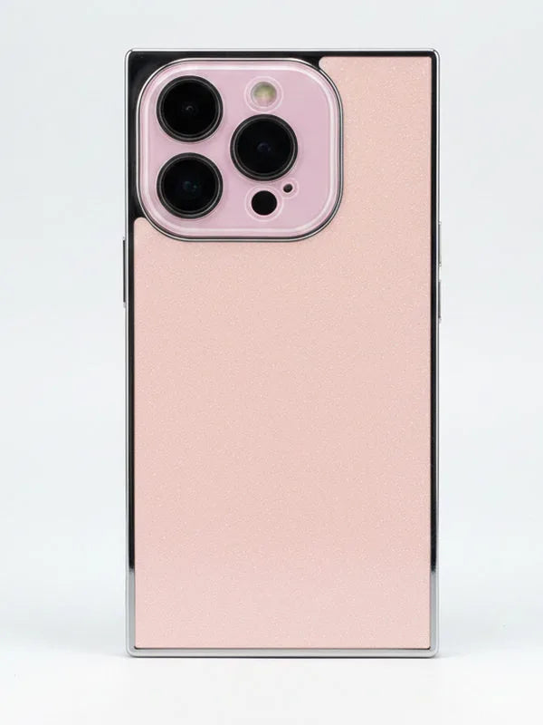 Pink phone case with camera lenses on a white background