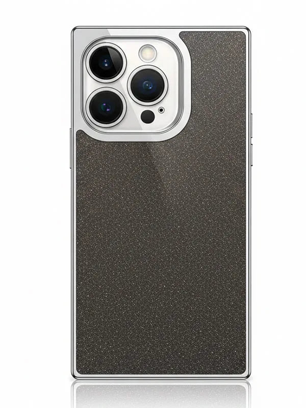 Phone case with textured back and metallic trim on a white background