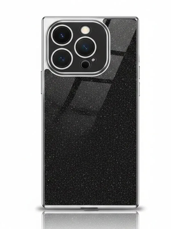 Black glittery phone case on a reflective surface