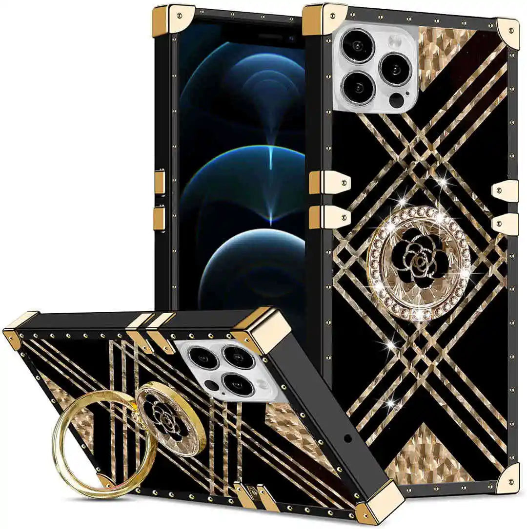 Luxury phone case with gold and black design on a white background