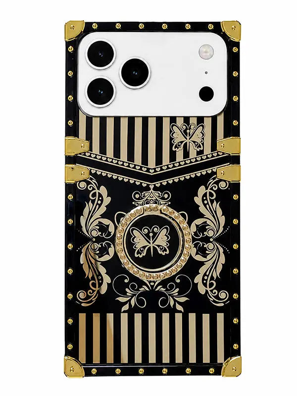 A protective phone case with a luxurious black and gold design, featuring vertical stripes, baroque scrollwork, butterfly motifs, and gold-tone corner protectors, shown on a white background.