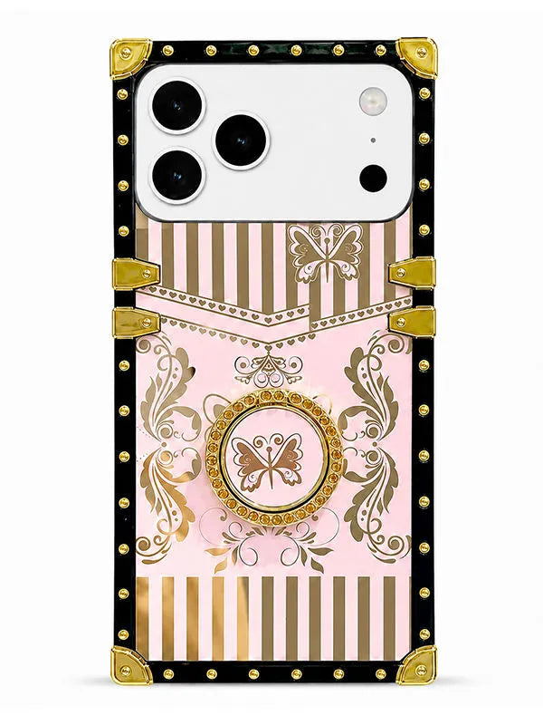 A protective phone case with a luxury fashion-inspired design, featuring a light pink background with gold and brown stripes, butterfly motifs, and ornate baroque-style flourishes. The case is framed by a black border decorated with gold rivets and reinforced with gold corner protectors.