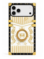 A luxury-style phone case with a black and gold Louis Vuitton-inspired design, featuring a gold butterfly emblem, striped patterns, and a built-in gold kickstand, shown on a white background.