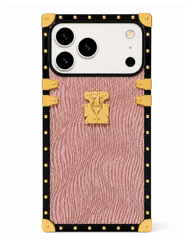 A luxury-style phone case designed for a Google Pixel, featuring a textured pink center panel with a gold clasp, a black border, and gold-tone metal studs and corner protectors, shown on a white background.