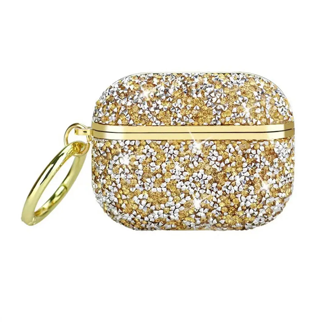 Gold Glittery AirPods Case with sparkling crystal-like flakes and matching ring clip