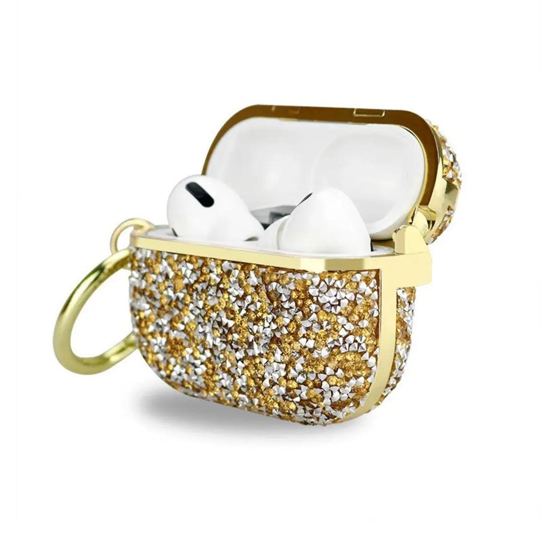Gold Glittery AirPods Case with lid open, showing white earbuds inside