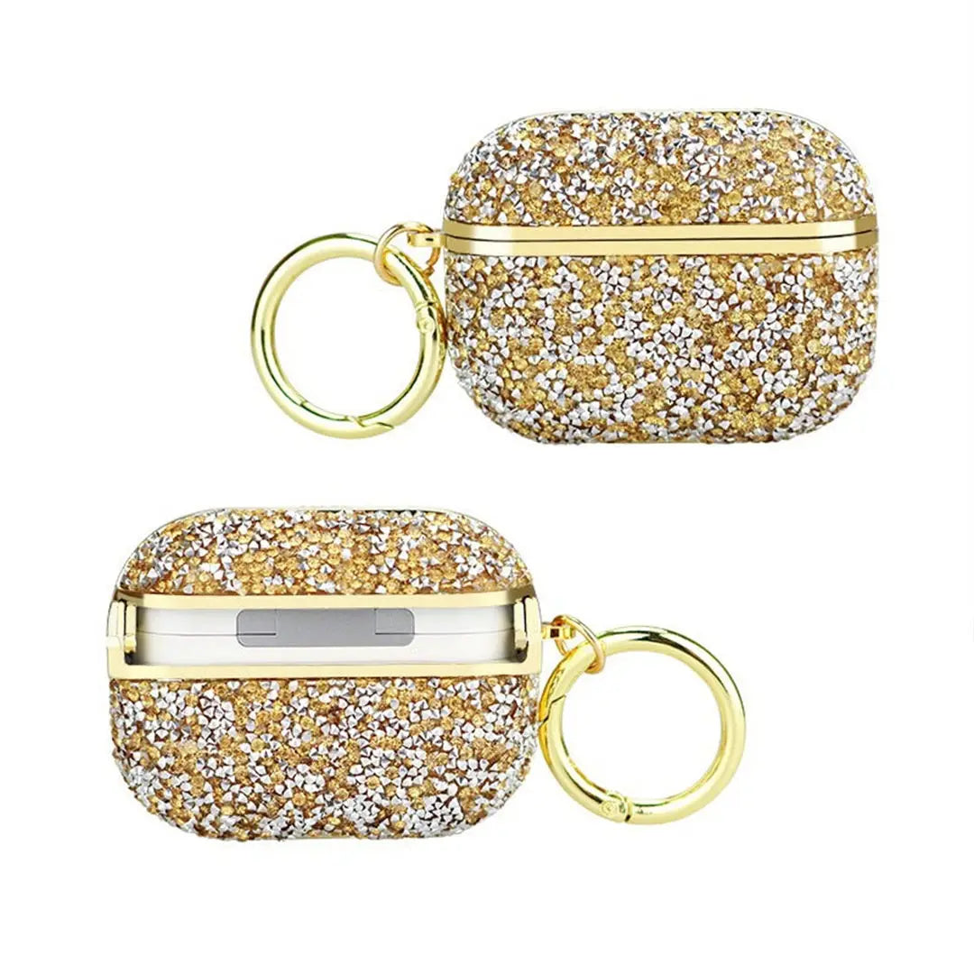 Front and rear views of the gold Glittery AirPods Case with ring clip