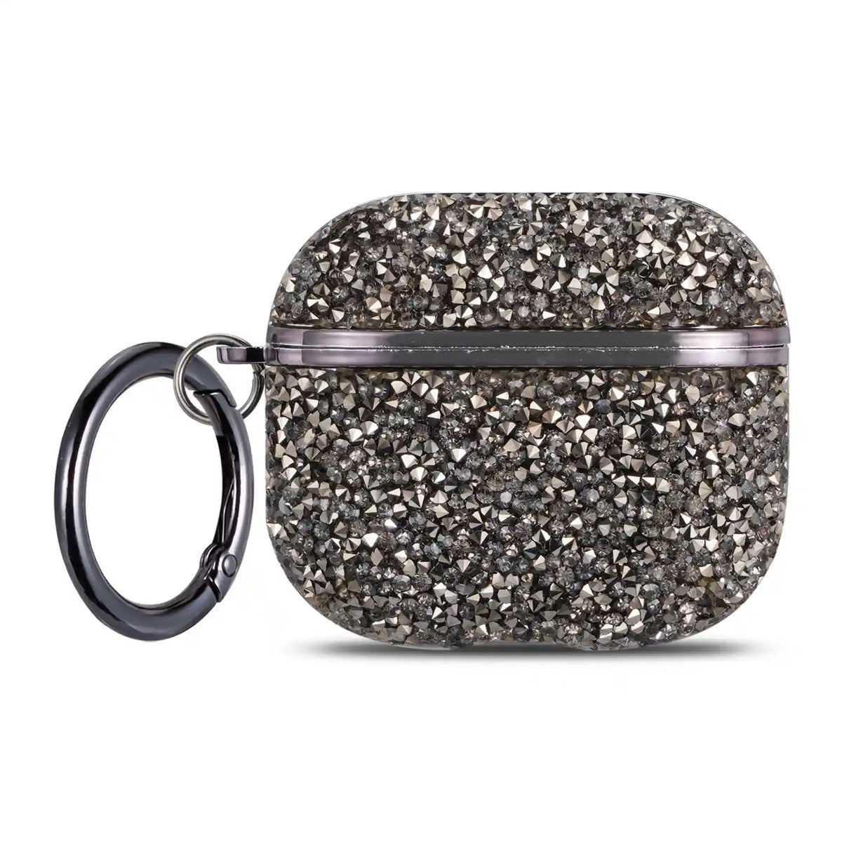 Black Glittery AirPods Case with dark metallic trim and matching ring clip