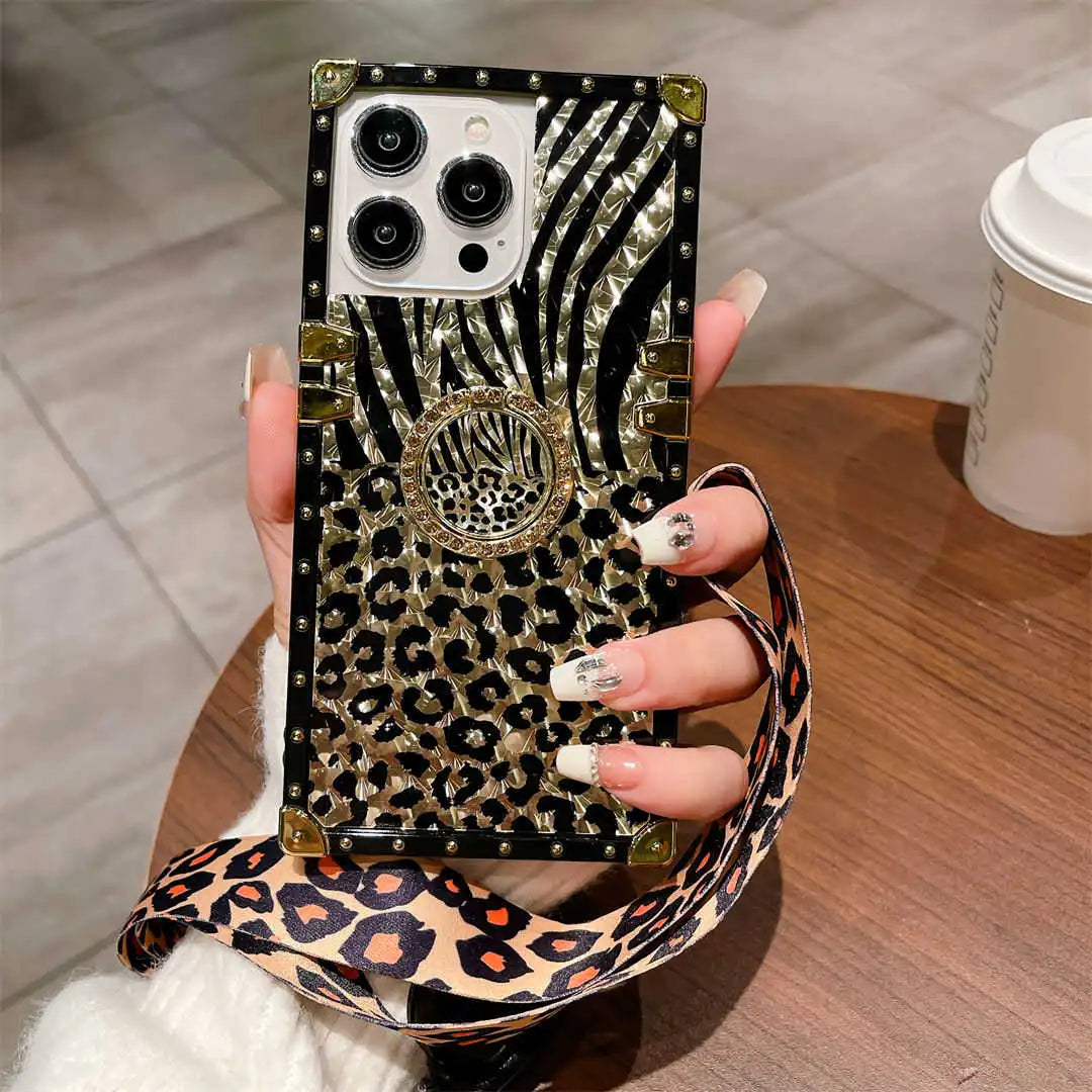 glitter leopard phone case with strap