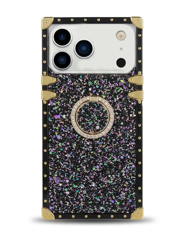 square Phone case with glittery design and ring holder on a white background