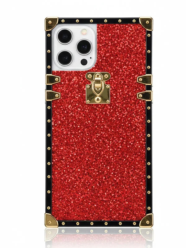 Red glittery phone case with gold accents on a white background