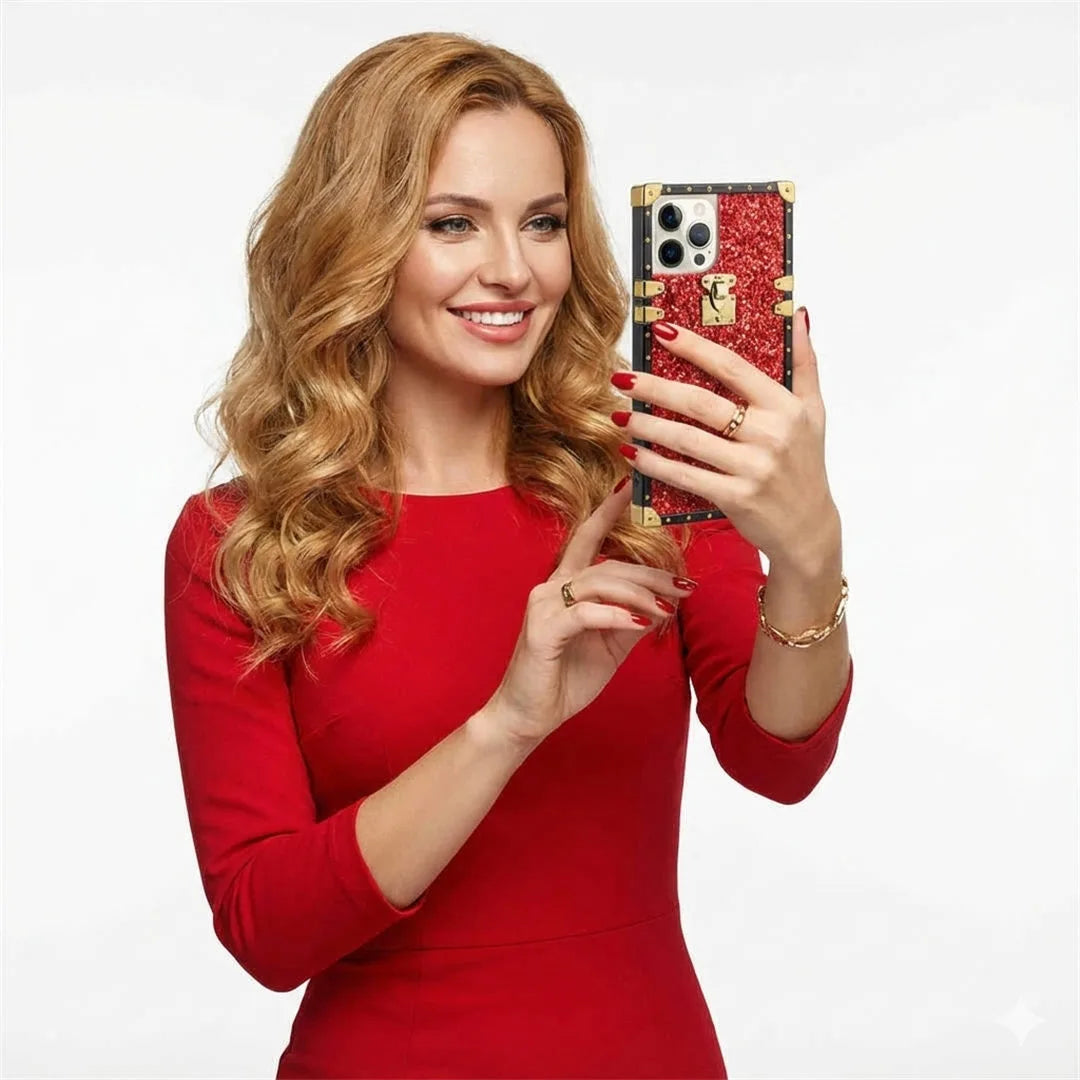 Woman in a red dress holding a smartphone with a decorative case against a white background
