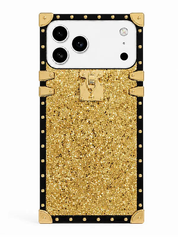A gold glitter phone case with a black border, gold corner protectors, and a central gold clasp, shown on a white smartphone against a white background.