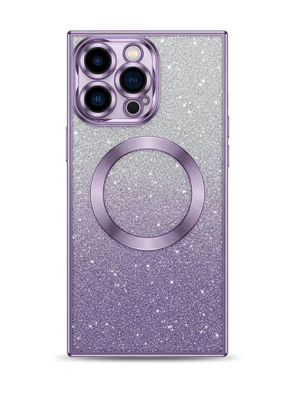 Square phone case with glittery purple design on a white background