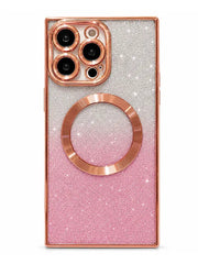 A smartphone case with a glittery pink-to-silver gradient design and metallic rose gold accents, including a large circular MagSafe ring and camera cutout bezel.