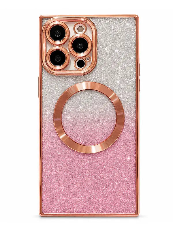 A smartphone case with a glittery pink-to-silver gradient design and metallic rose gold accents, including a large circular MagSafe ring and camera cutout bezel.