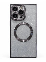 A silver glitter phone case with a large circular MagSafe ring and a black camera bumper, shown on a white background.