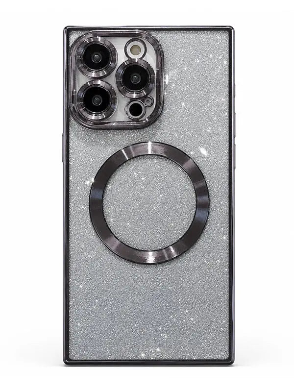 A silver glitter phone case with a large circular MagSafe ring and a black camera bumper, shown on a white background.