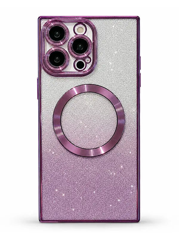 A protective phone case with a purple-to-silver glitter gradient design, featuring a metallic purple MagSafe ring and a matching purple camera bumper, shown on a white background.