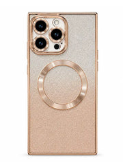 A rose gold phone case with a textured glitter finish, featuring a large circular MagSafe ring on the back and a matching metallic camera bumper, shown on a white background.