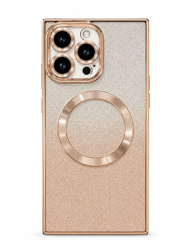 A rose gold phone case with a textured glitter finish, featuring a large circular MagSafe ring on the back and a matching metallic camera bumper, shown on a white background.