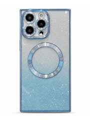 A protective phone case with a glittery blue gradient design, featuring a large circular MagSafe-compatible ring on the back and a clear camera bumper.