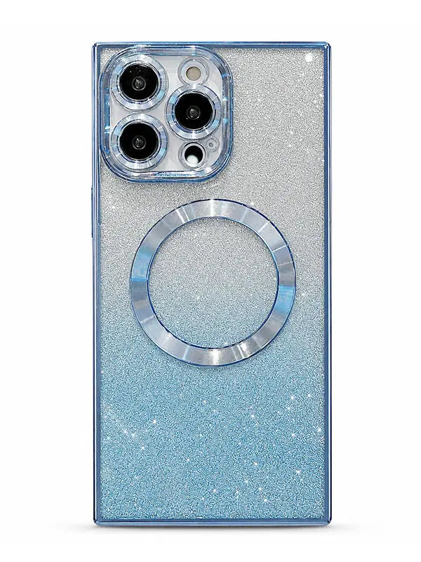 A protective phone case with a glittery blue gradient design, featuring a large circular MagSafe-compatible ring on the back and a clear camera bumper.