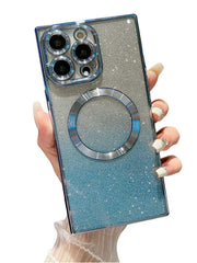 Blue glittery phone case with a metallic ring holder held by a hand.