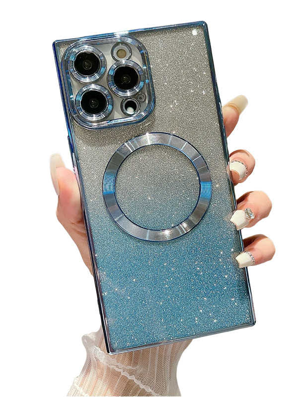 Blue glittery phone case with a metallic ring holder held by a hand.