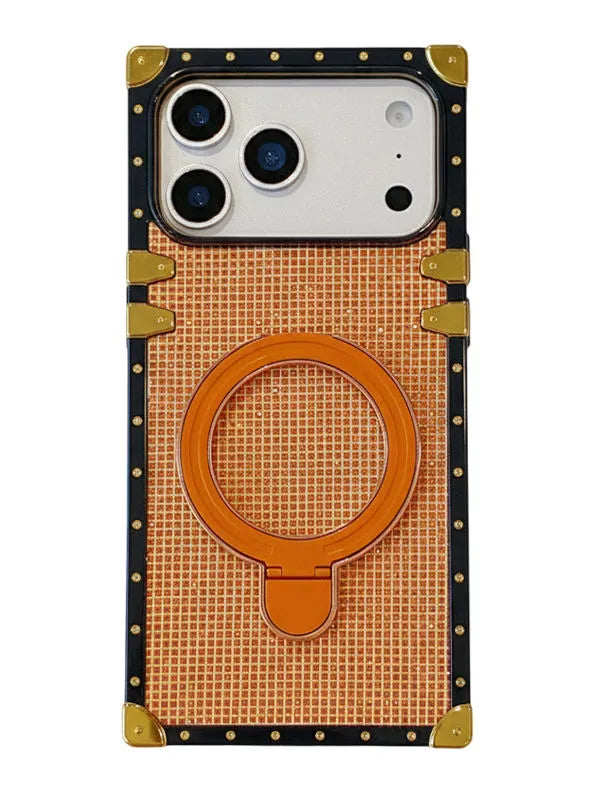 glitter Phone case with grid pattern and ring holder on a white background
