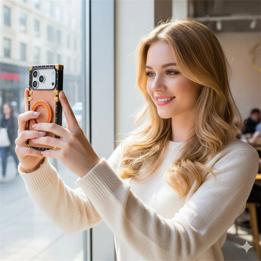 Woman taking a selfie with a phone case in an urban setting