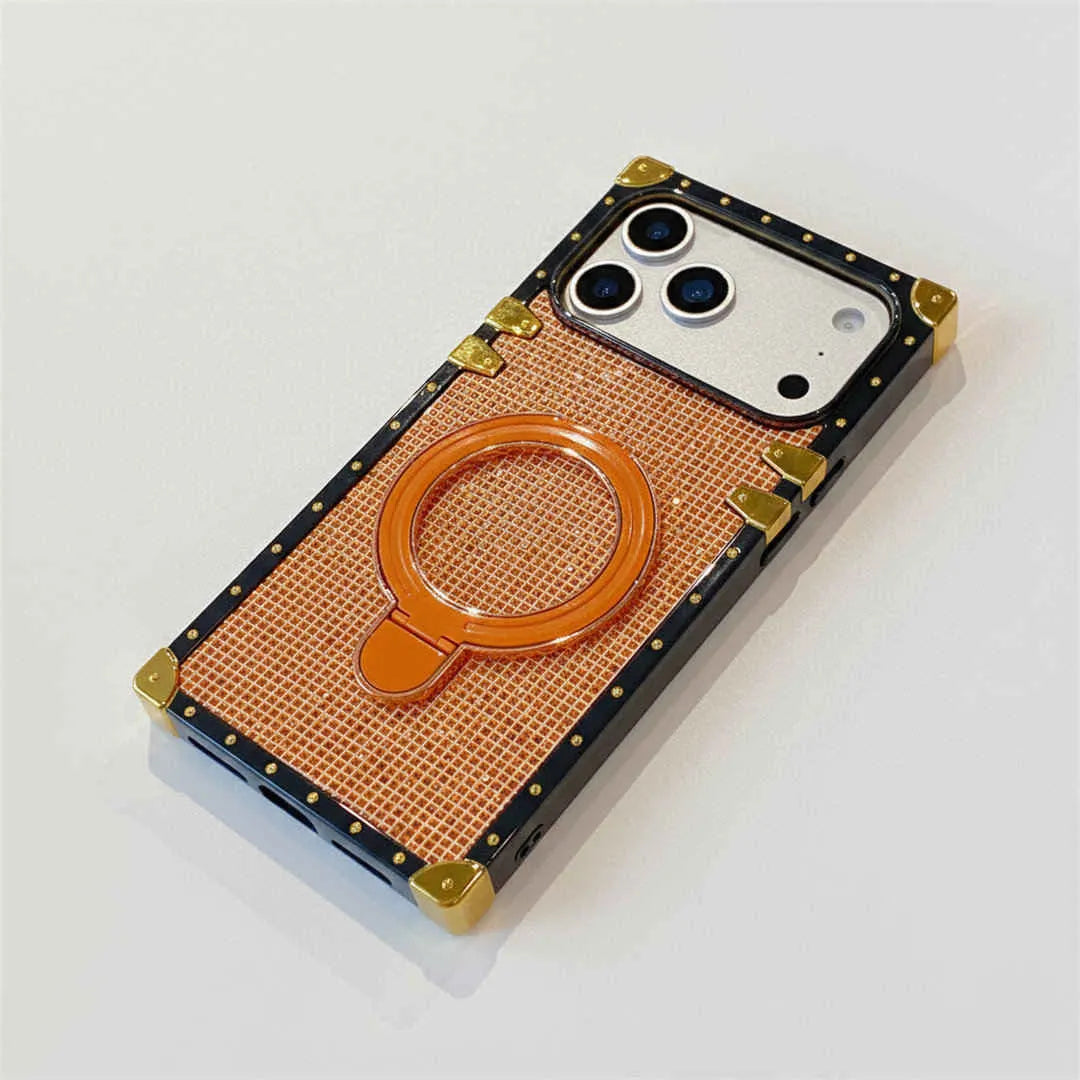 Square 17 pro phone case with glitter design and gold accents on a white background