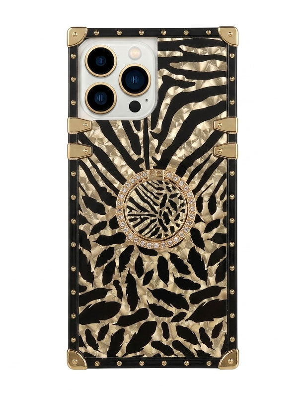 Phone case with zebra pattern and decorative emblem on a white background