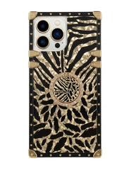 Phone case with zebra pattern and decorative emblem on a white background