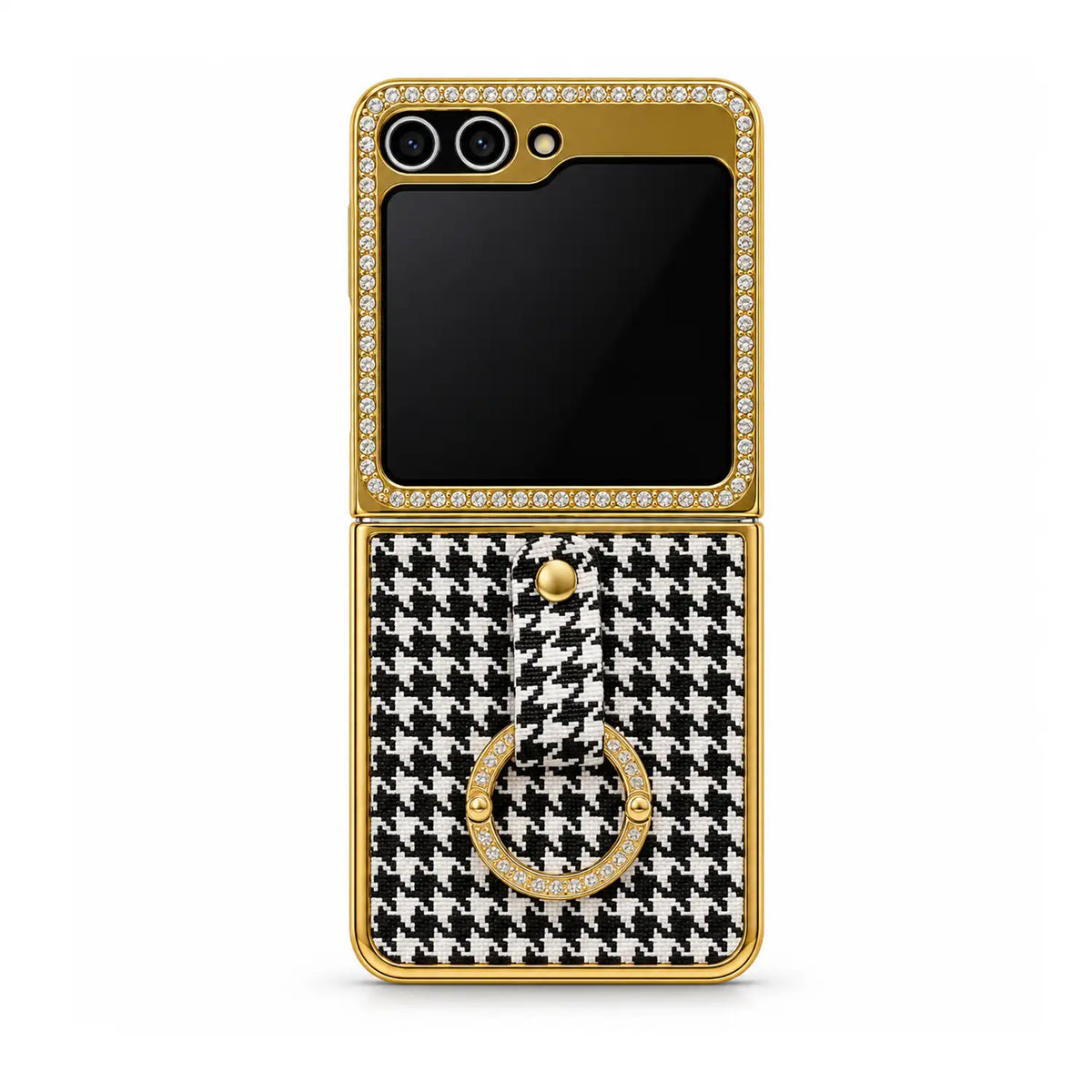 A luxury flip phone case with a black and white houndstooth pattern on the lower half, a gold horseshoe ring stand on the back, and a gold bezel embellished with small clear crystals, shown on a white background.