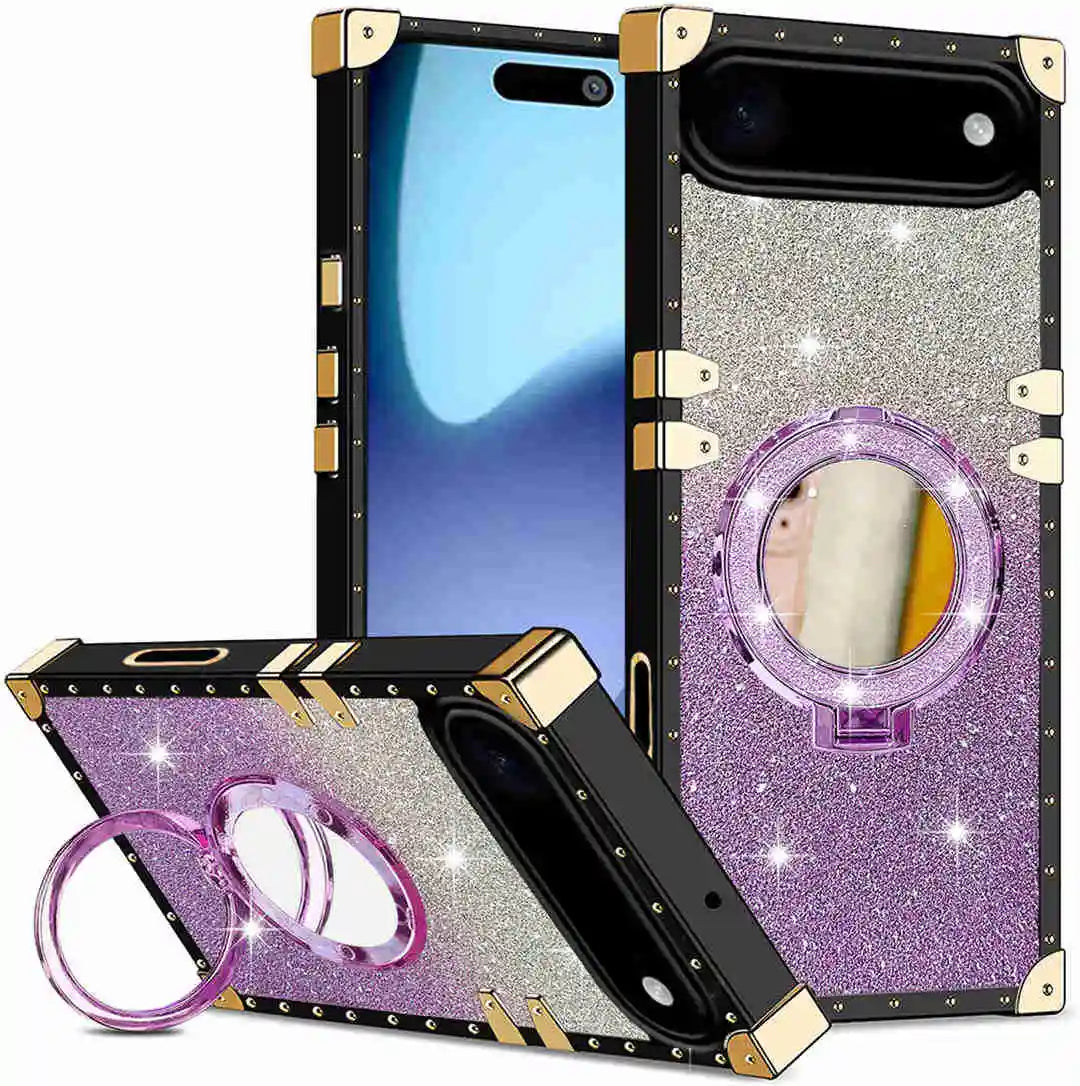 Phone case with glittery design and mirror, on a white background