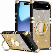 Gold and black phone case with mirror and ring holder on a white background