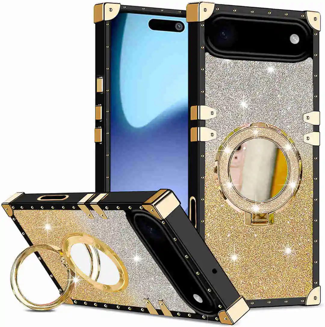 Gold and black phone case with mirror and ring holder on a white background