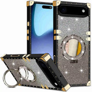 Phone case with glittery design and ring holder on a white background