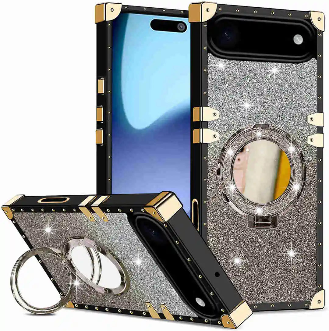 Phone case with glittery design and ring holder on a white background