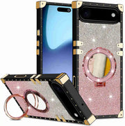 Pink Phone case with glittery design and ring holder on a white background