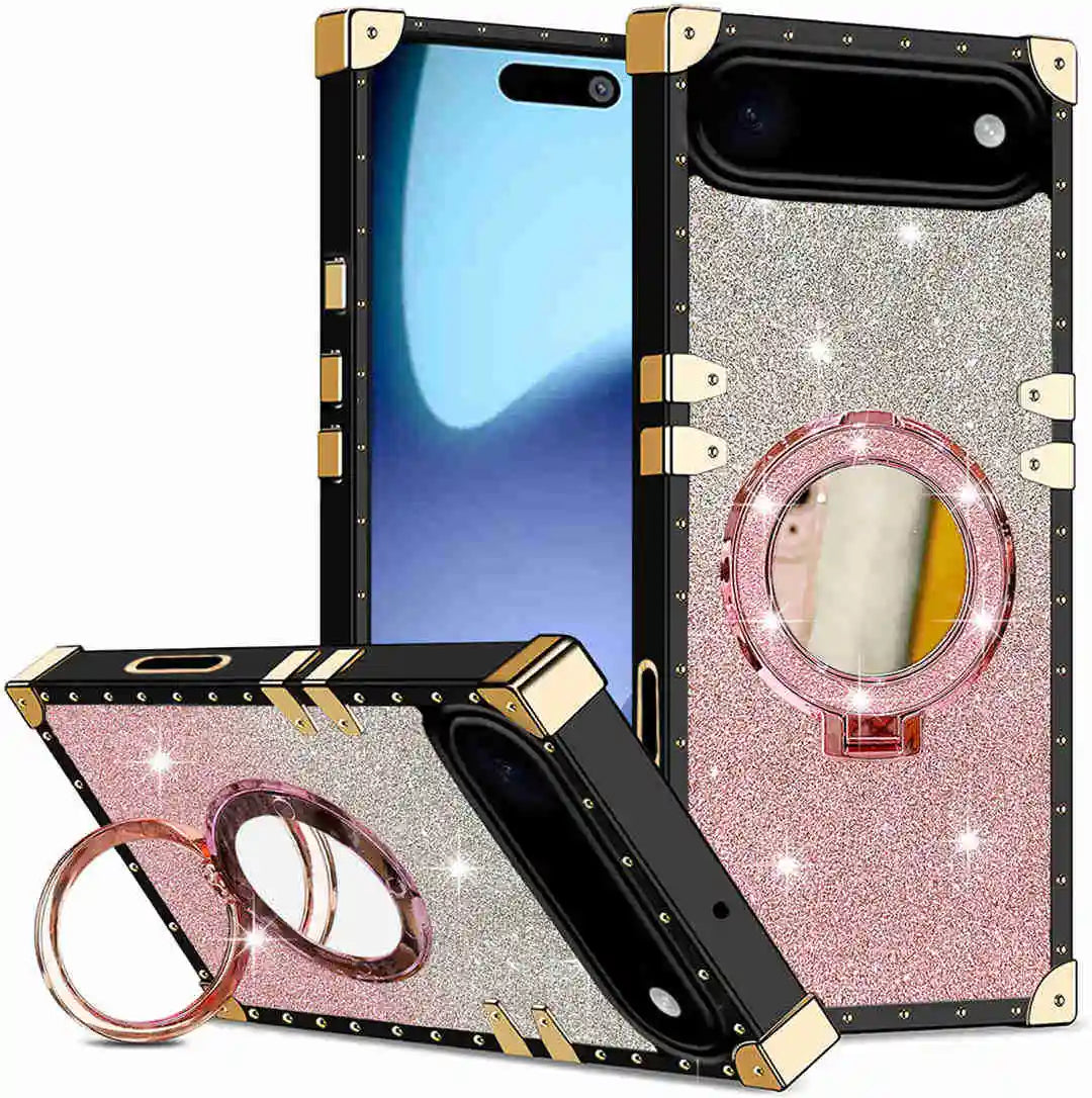 Pink Phone case with glittery design and ring holder on a white background
