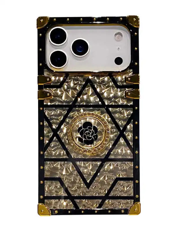 Luxury phone case with geometric design and brand logo on a white background