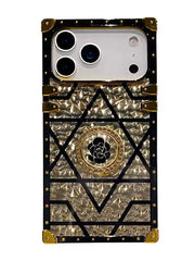 Luxury phone case with geometric design and brand logo on a white background