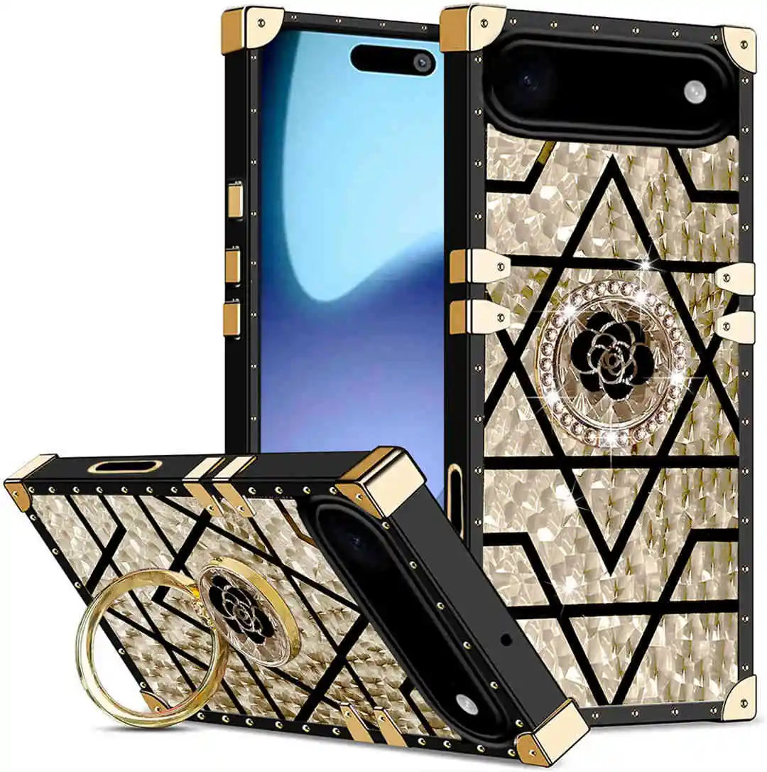 iPhone 17 Air case with geometric design and rose emblem on a white background