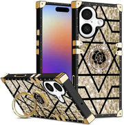 iPhone 17 case with geometric design and rose emblem on a white background