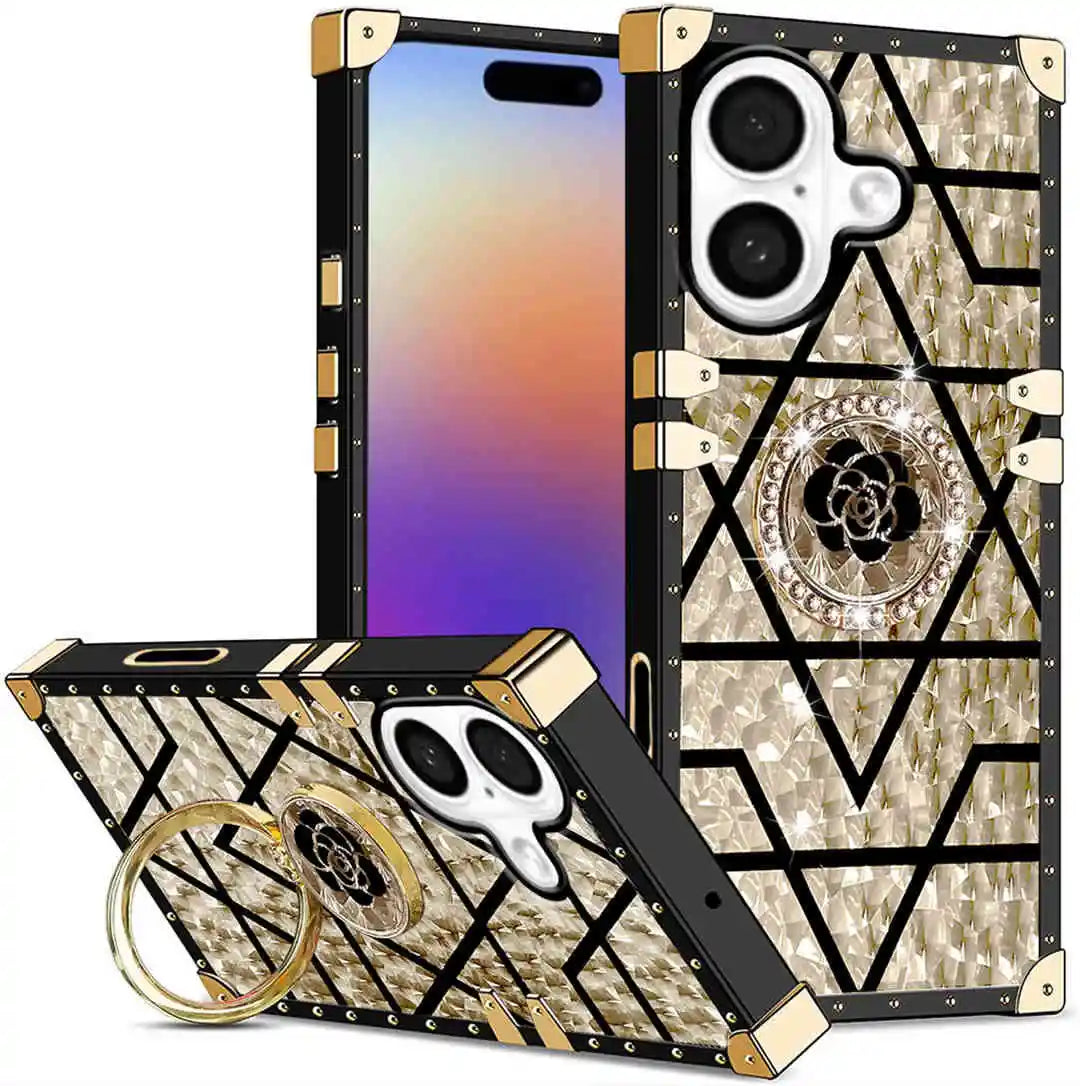 iPhone 17 case with geometric design and rose emblem on a white background