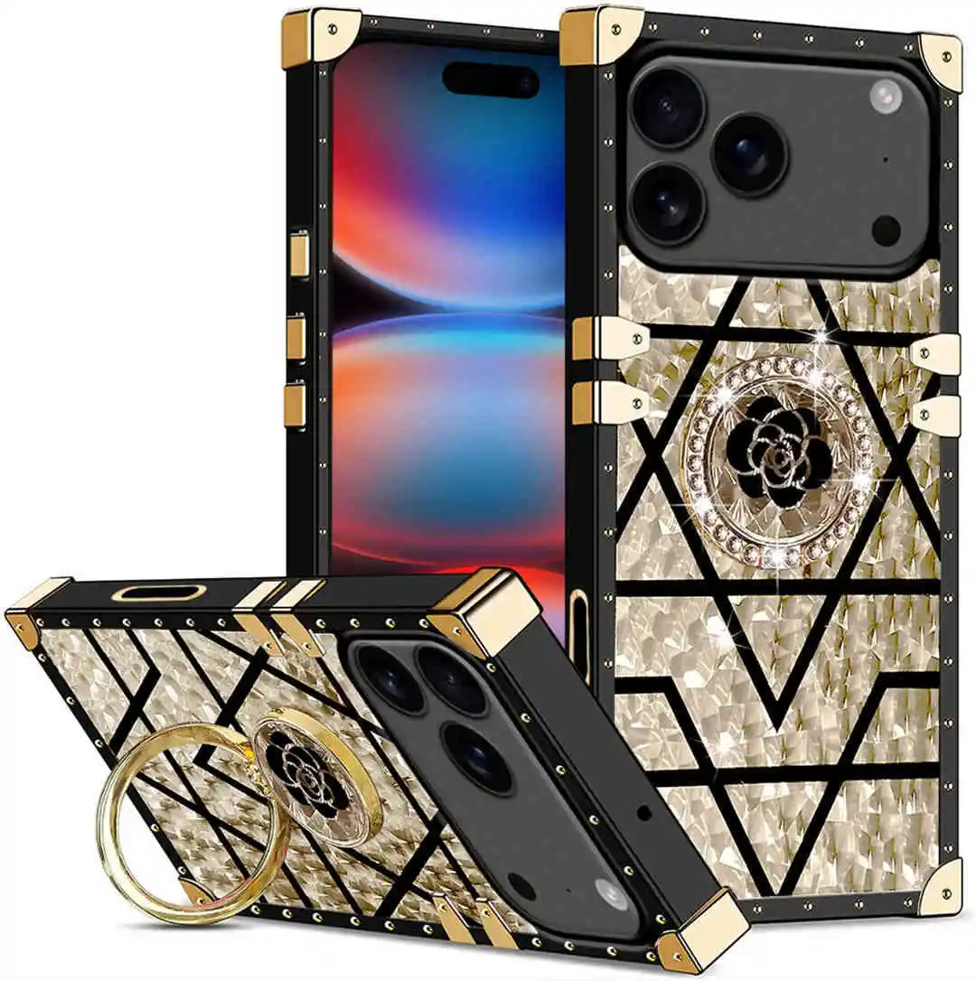 Luxury phone case with geometric design and gold accents on a white background