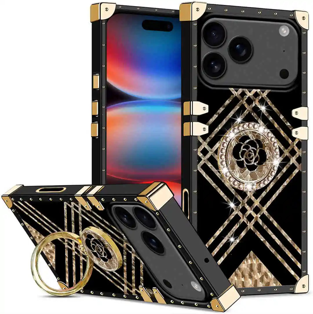 Luxury phone case with geometric design and rose gold accents on a white background