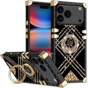 Luxury phone case with geometric design and rose gold accents on a white background